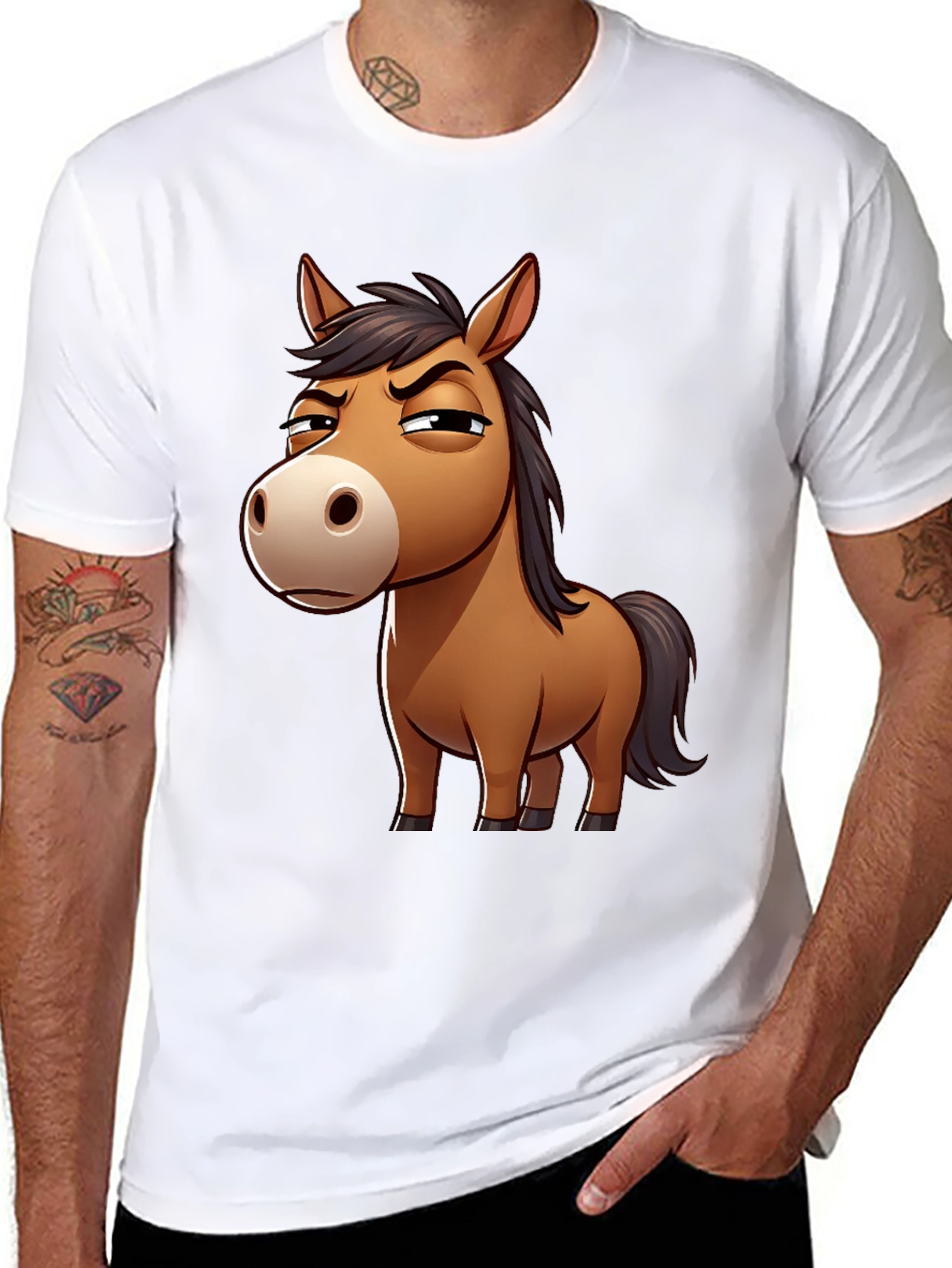 Funny Grumpy Horse Cartoon Black T-Shirt