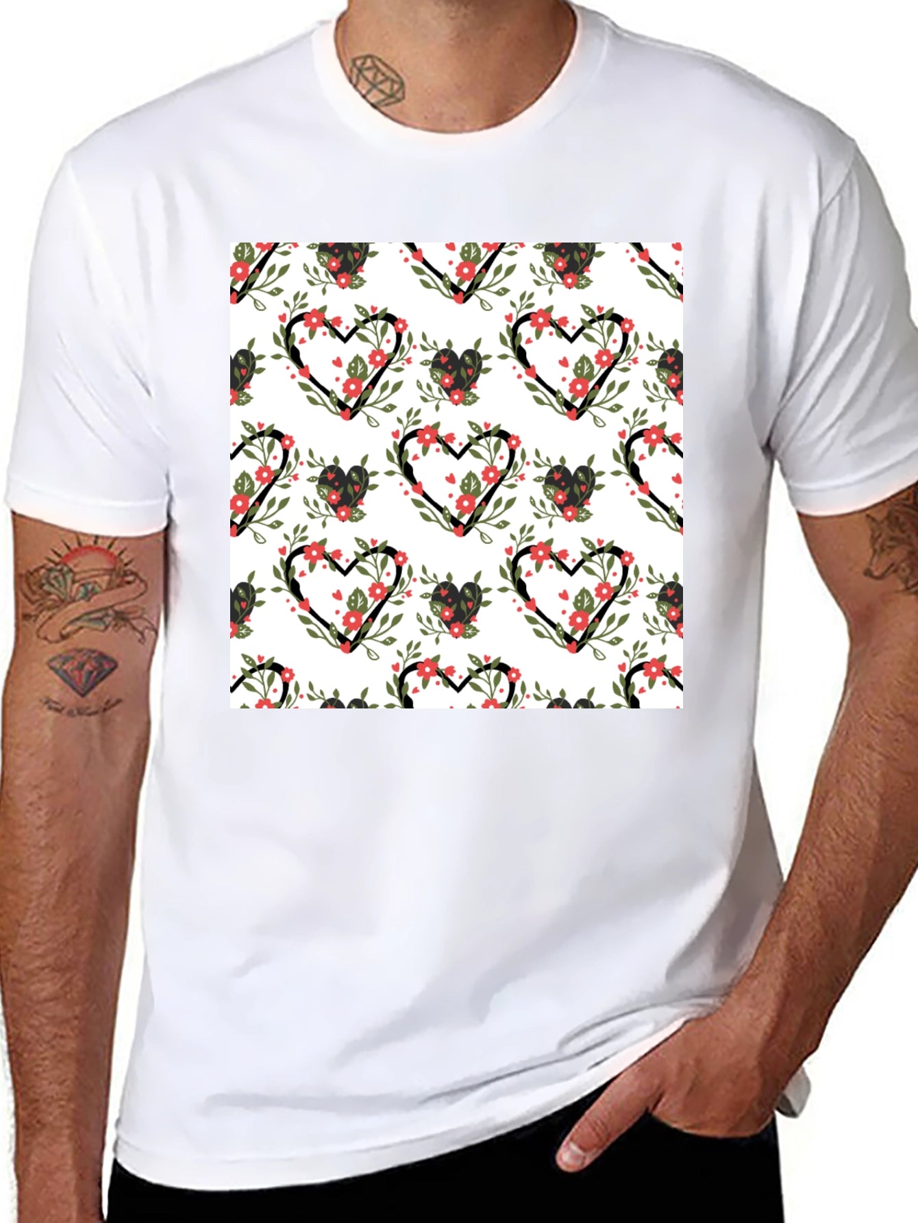 Floral Heart Pattern Black T-Shirt