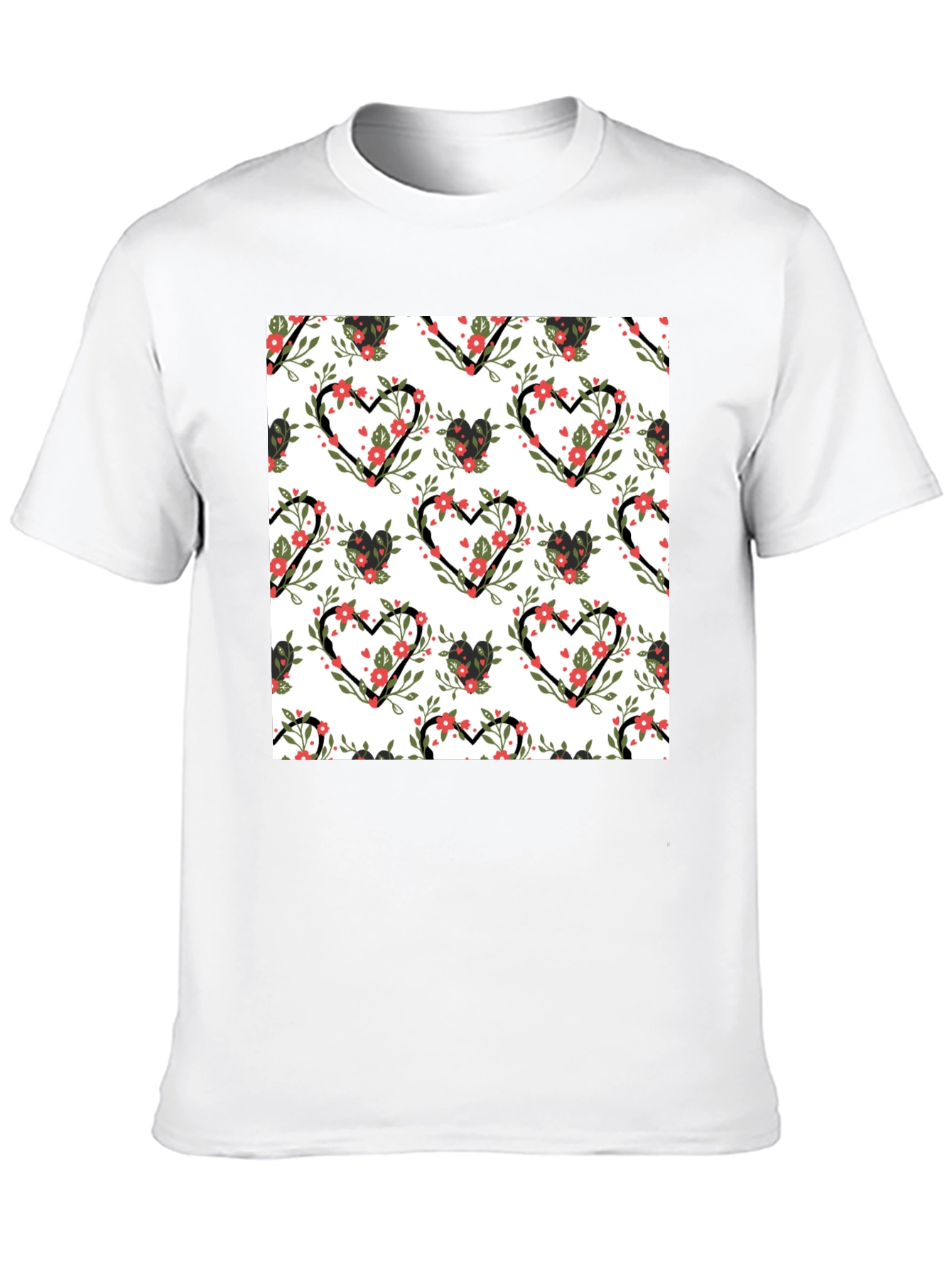 Floral Heart Pattern Black T-Shirt