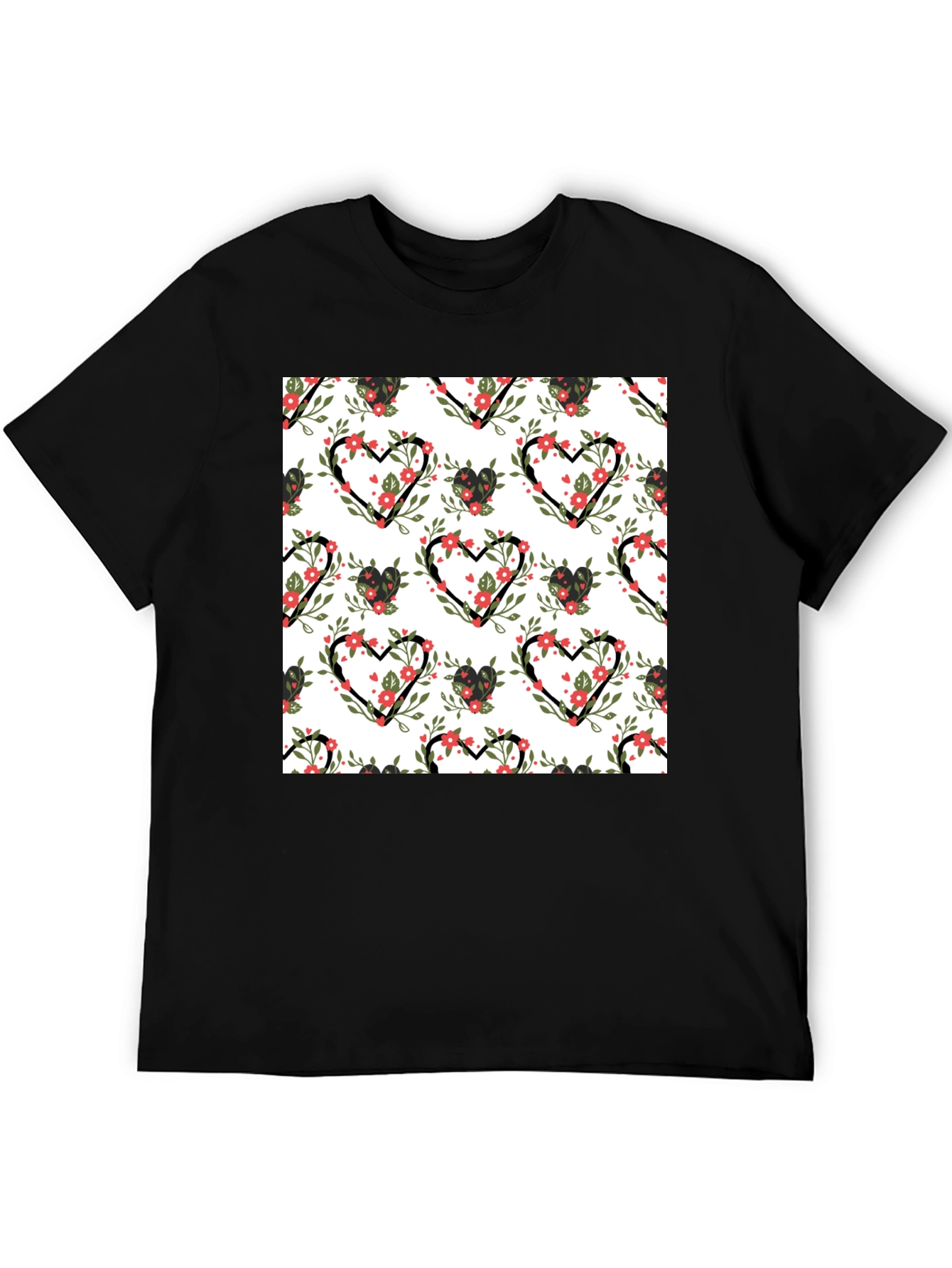 Floral Heart Pattern Black T-Shirt