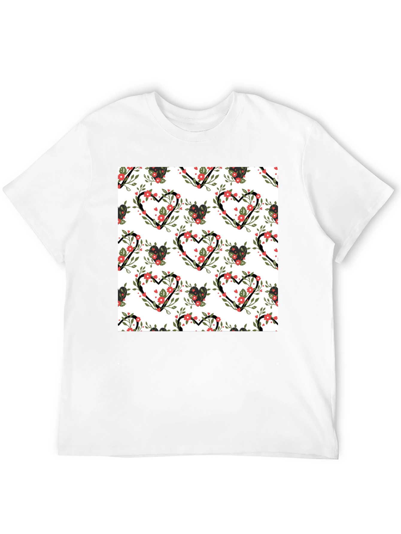 Floral Heart Pattern Black T-Shirt