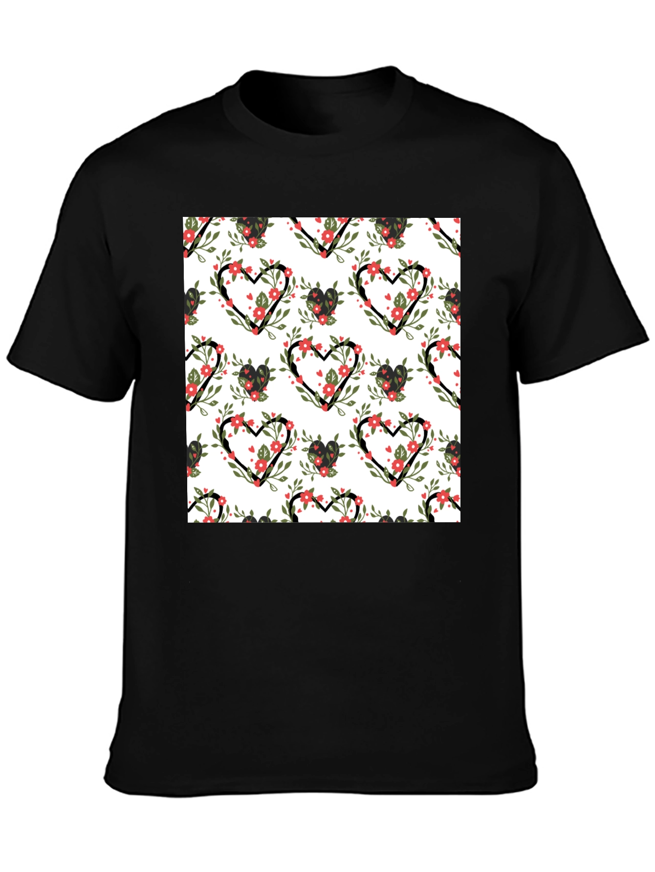 Floral Heart Pattern Black T-Shirt