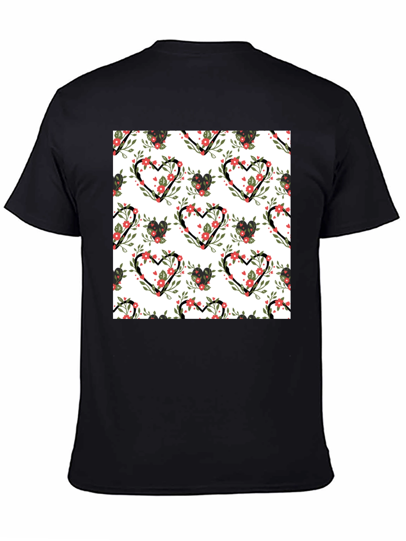 Floral Heart Pattern Black T-Shirt