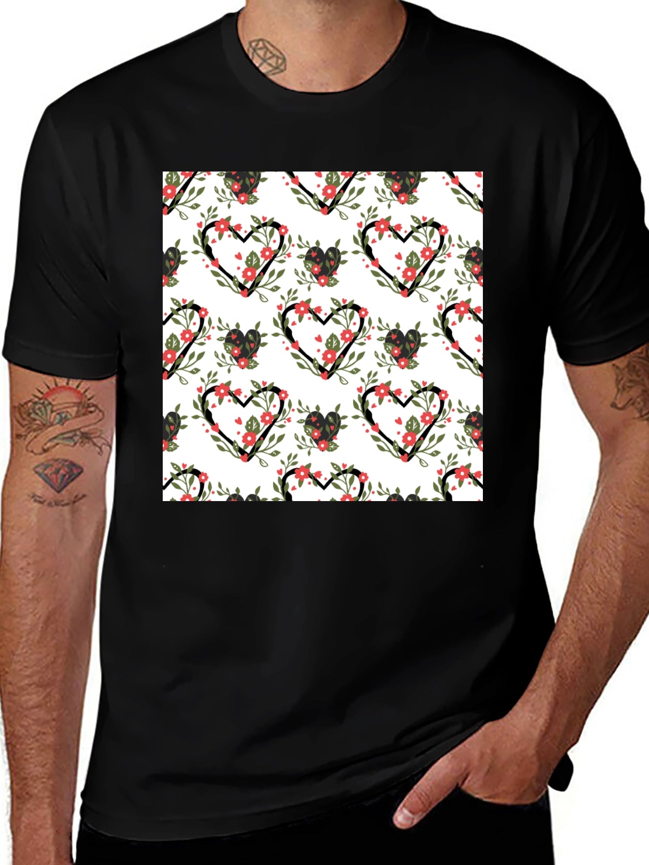 Floral Heart Pattern Black T-Shirt