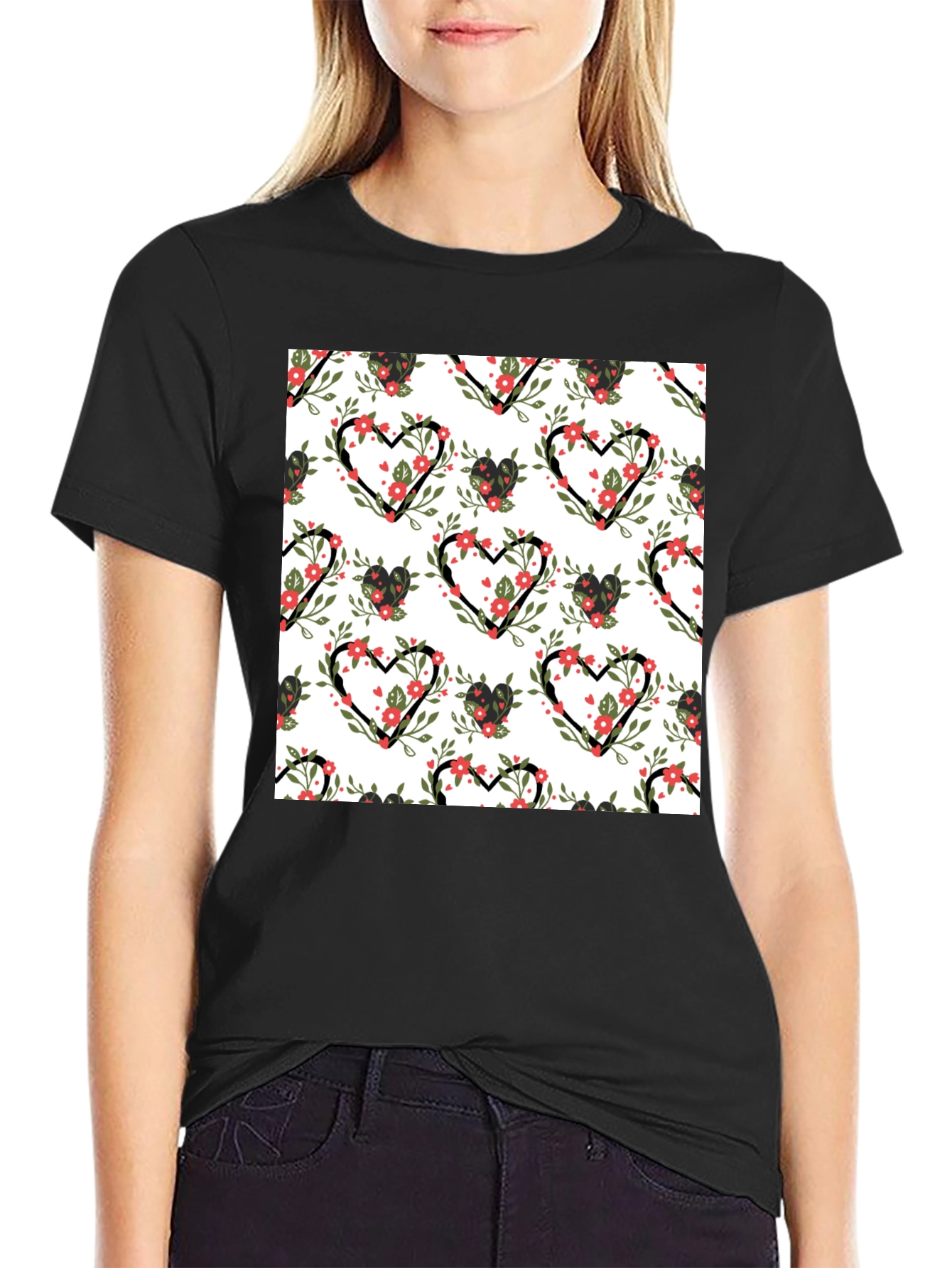 Floral Heart Pattern Black T-Shirt