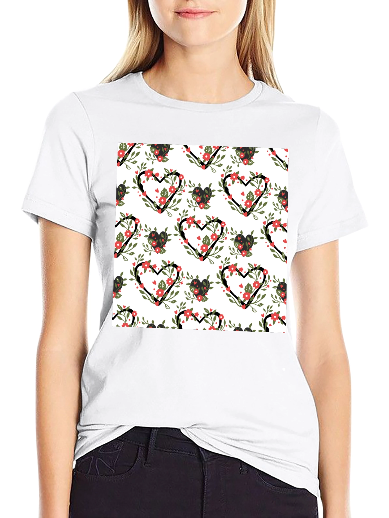 Floral Heart Pattern Black T-Shirt