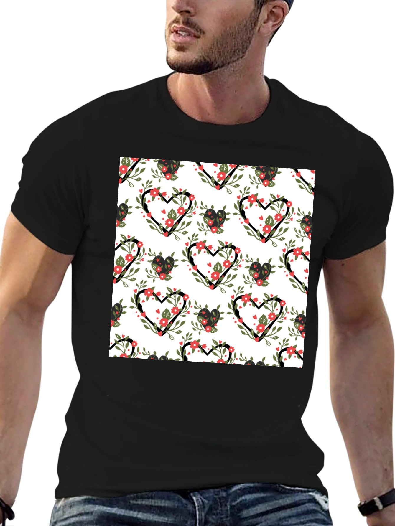 Floral Heart Pattern Black T-Shirt