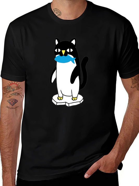Cat Penguin Fish Black T-Shirt