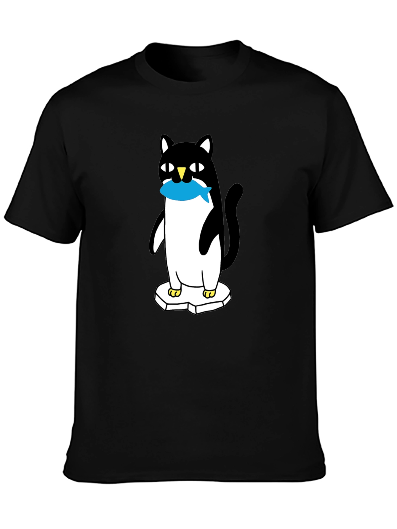 Cat Penguin Fish Black T-Shirt
