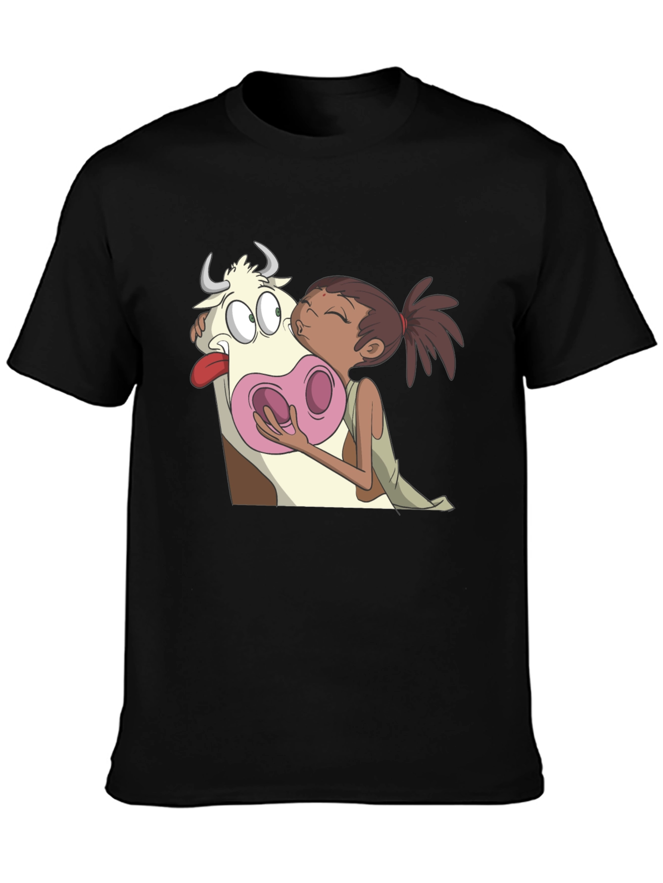 Cartoon Cow Kiss Black T-Shirt