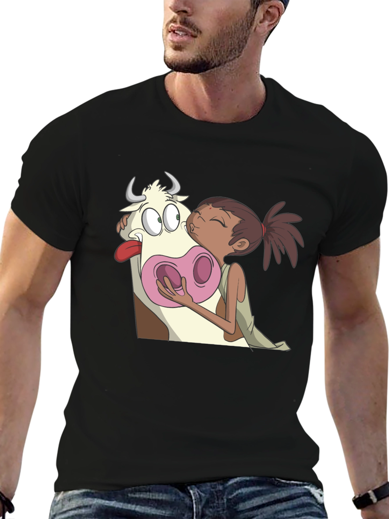 Cartoon Cow Kiss Black T-Shirt