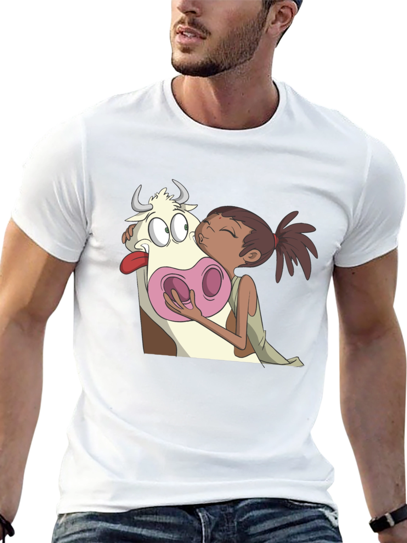 Cartoon Cow Kiss Black T-Shirt