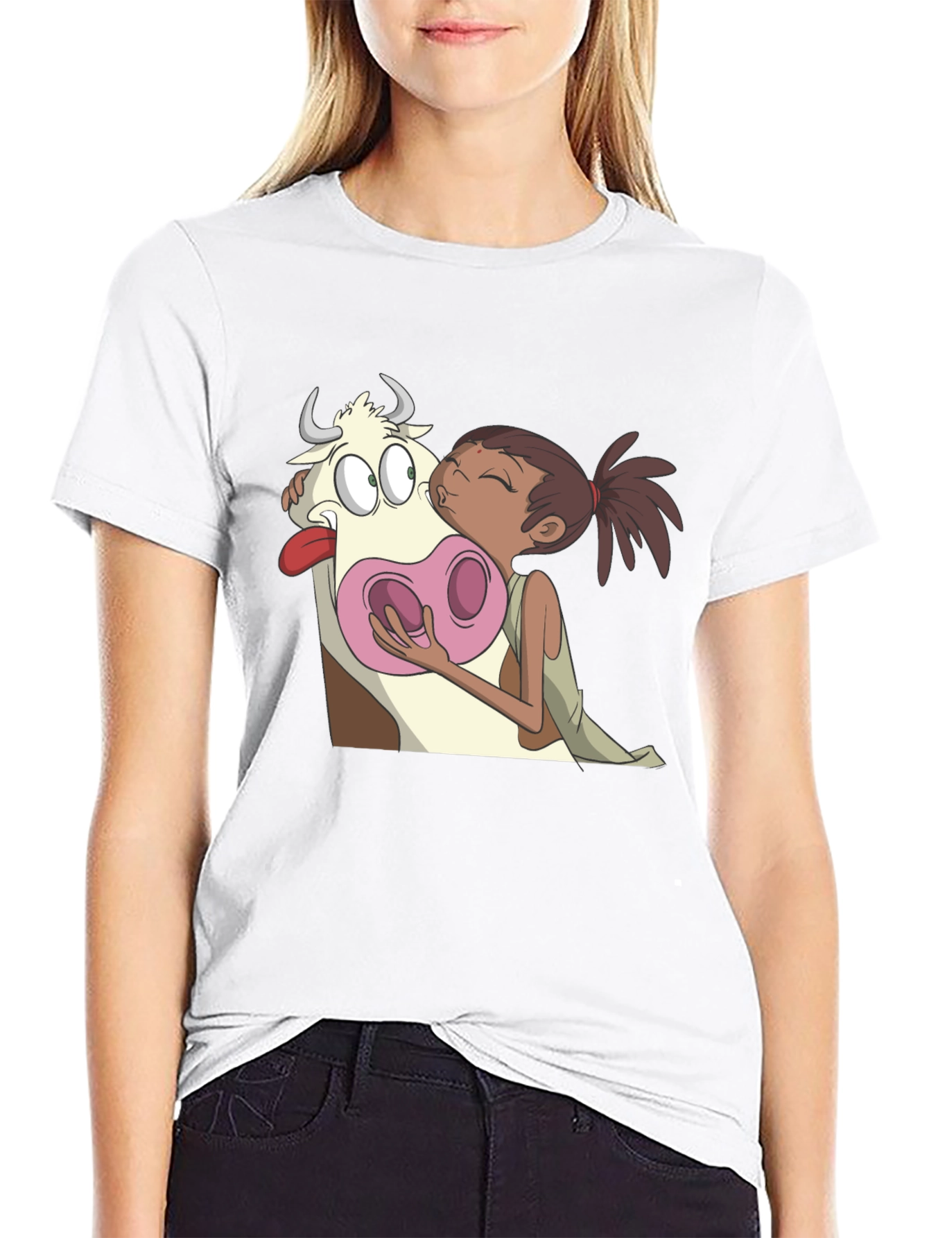 Cartoon Cow Kiss Black T-Shirt