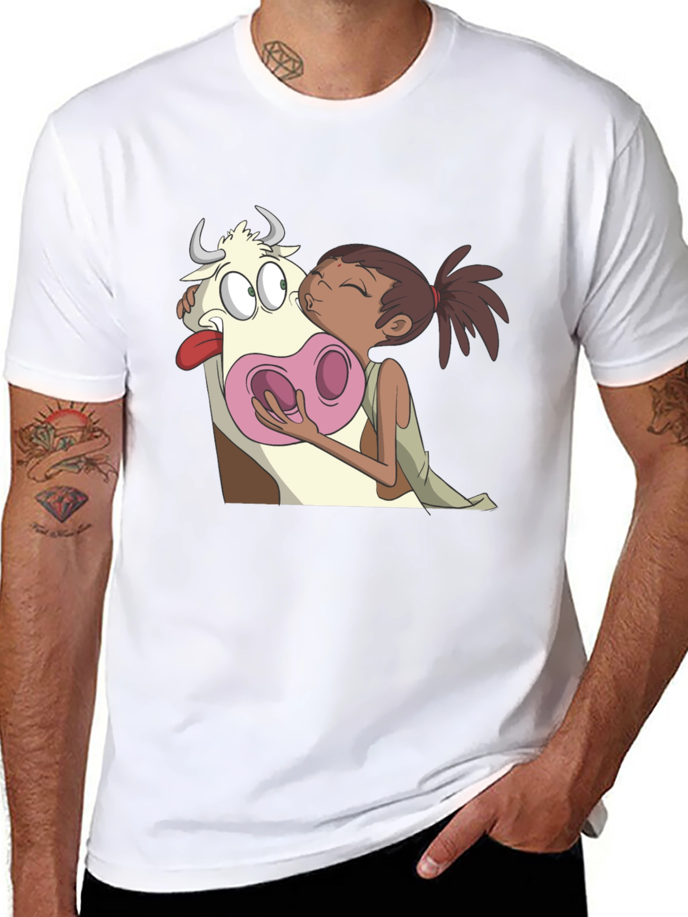 Cartoon Cow Kiss Black T-Shirt