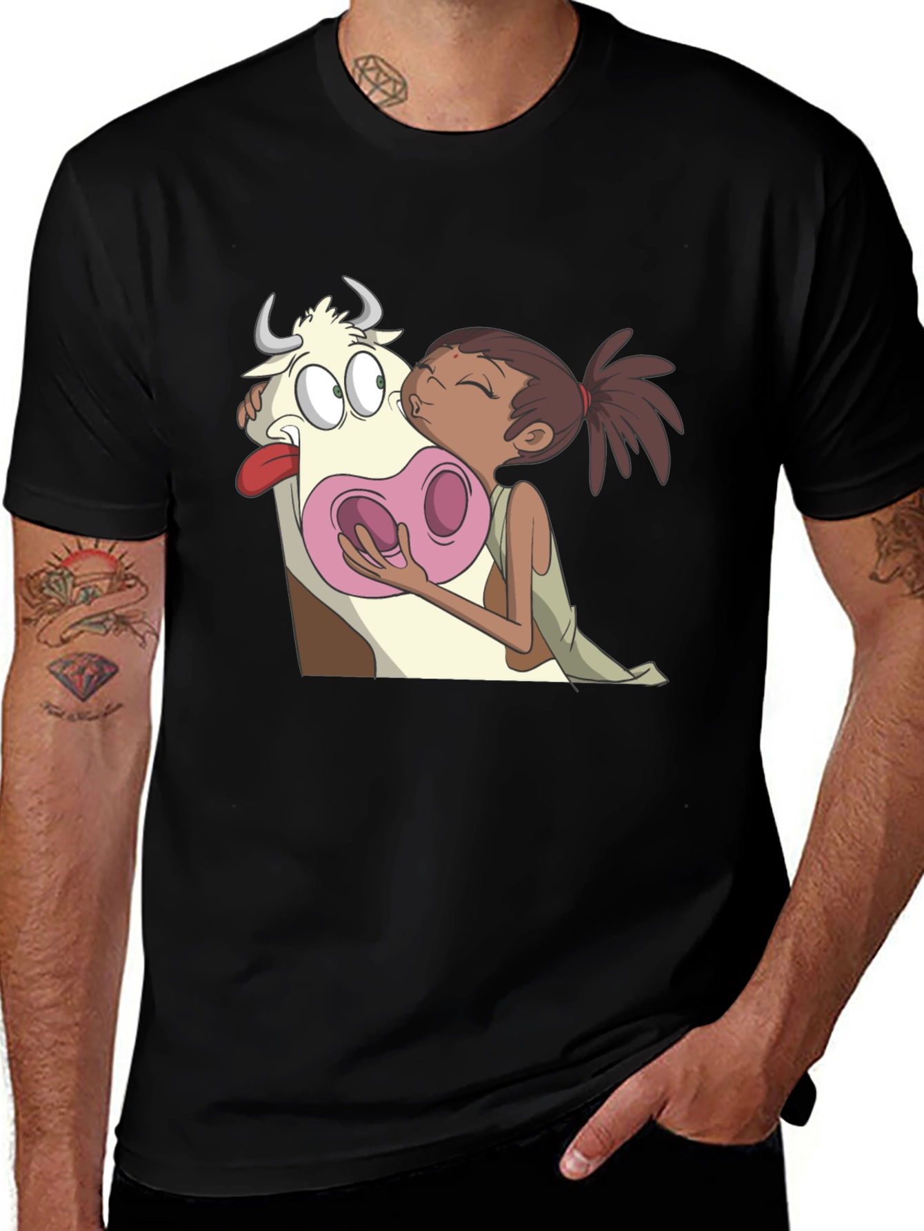 Cartoon Cow Kiss Black T-Shirt