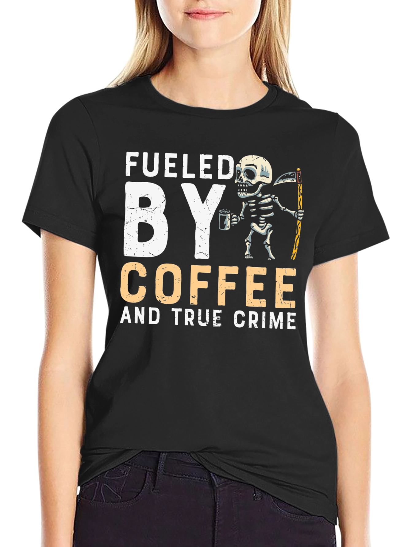 Fueled by Coffee and True Crime Skeleton T-Shirt