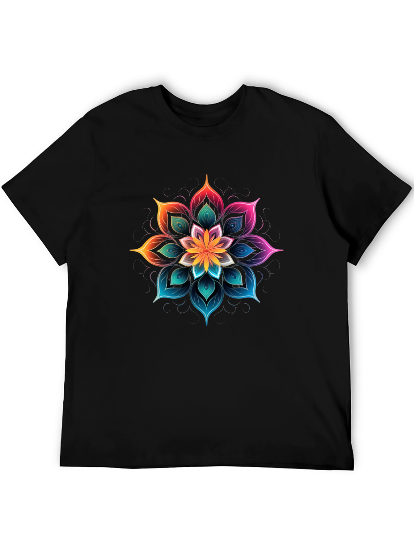 Vibrant Floral Mandala Graphic Tee - Black