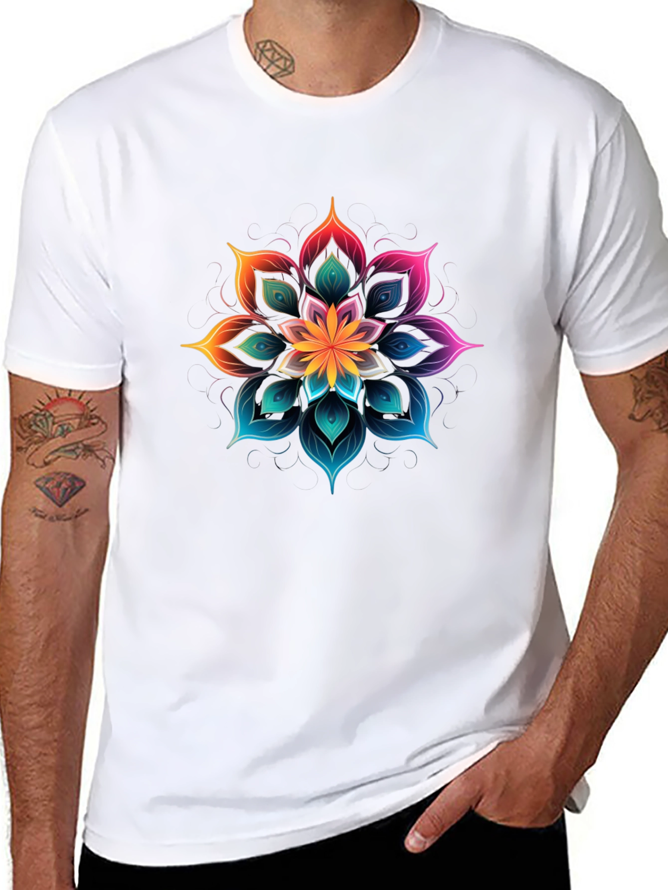 Vibrant Floral Mandala Graphic Tee - Black