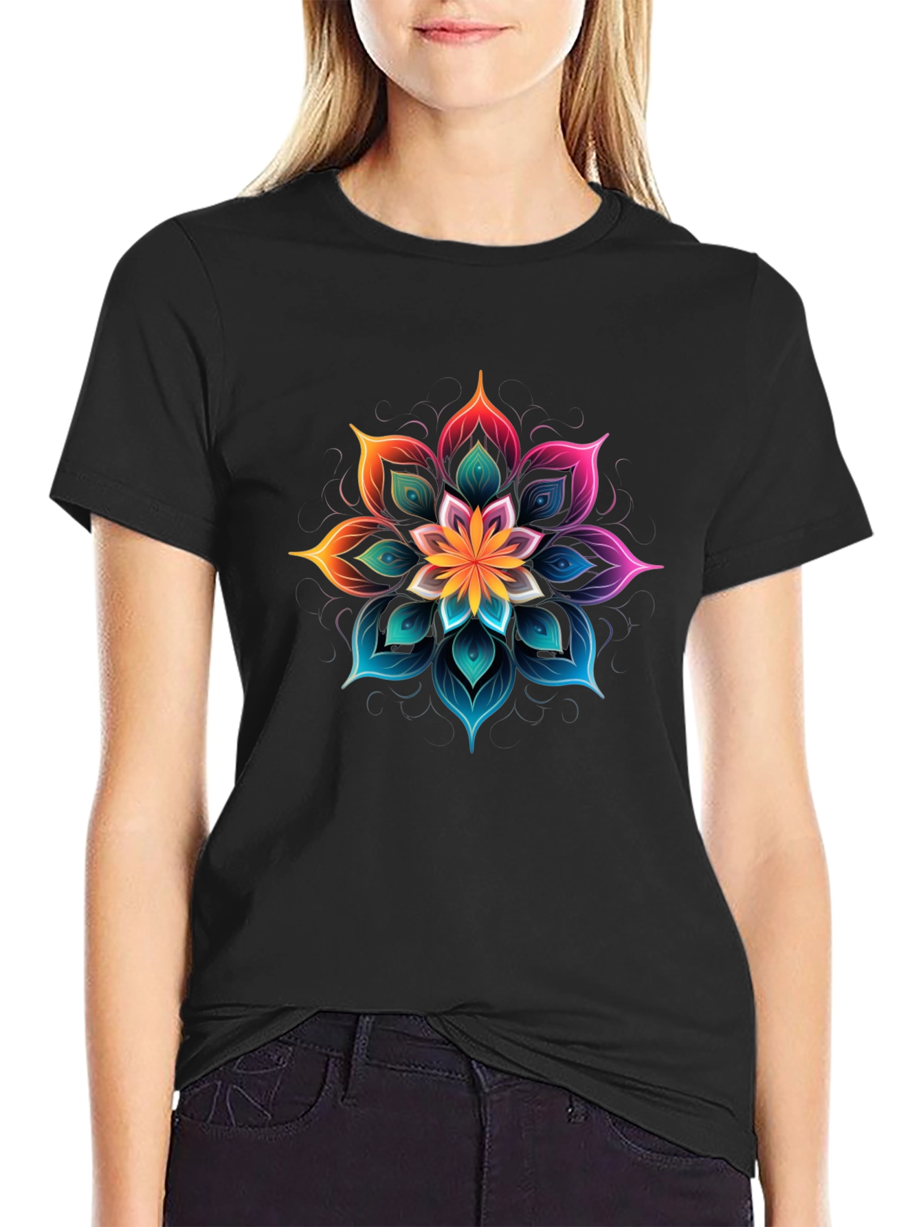 Vibrant Floral Mandala Graphic Tee - Black