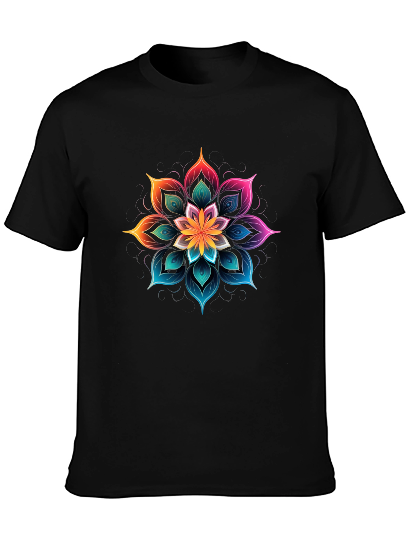 Vibrant Floral Mandala Graphic Tee - Black