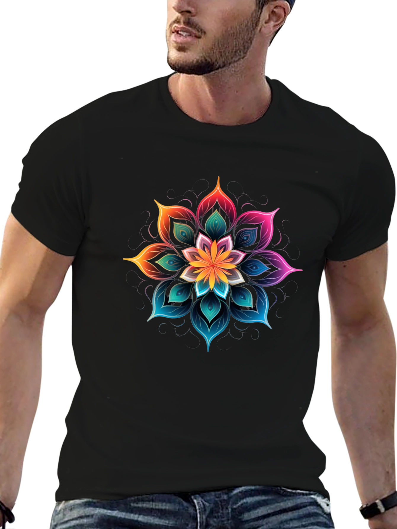 Vibrant Floral Mandala Graphic Tee - Black