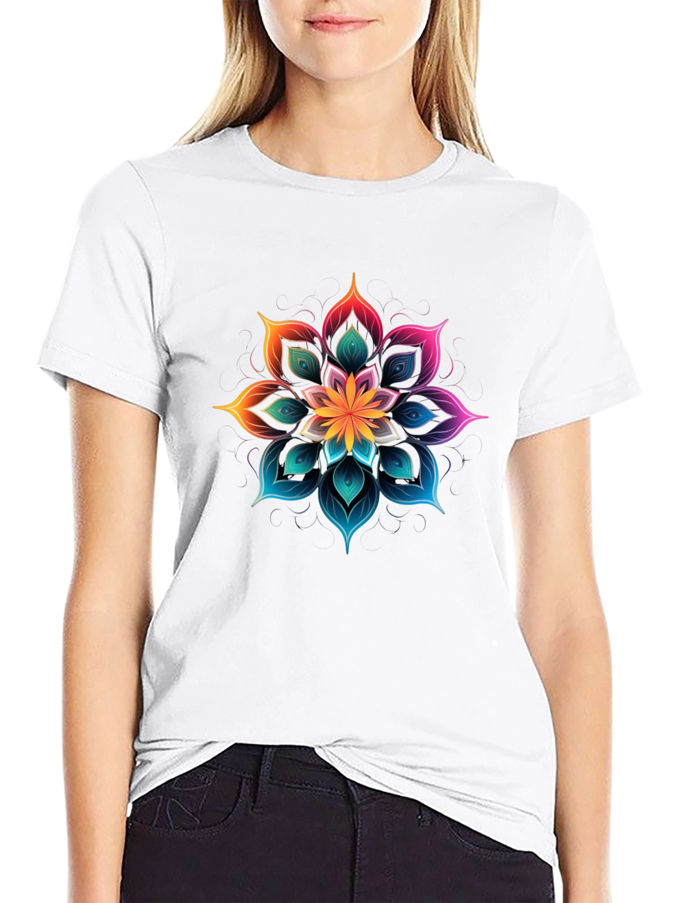 Vibrant Floral Mandala Graphic Tee - Black