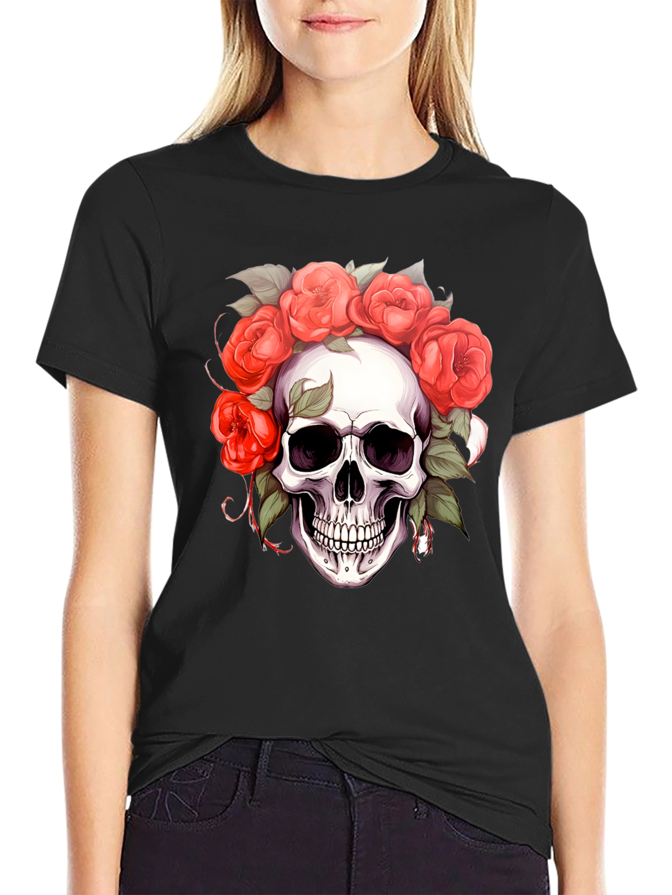 Floral Skull Graphic Tee - Dark Aesthetic Shirt