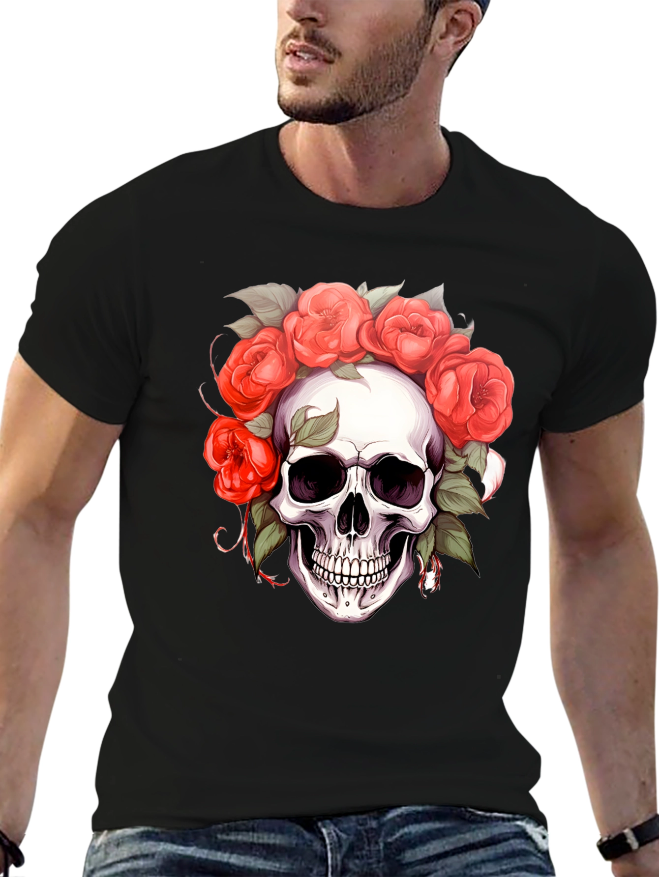 Floral Skull Graphic Tee - Dark Aesthetic Shirt