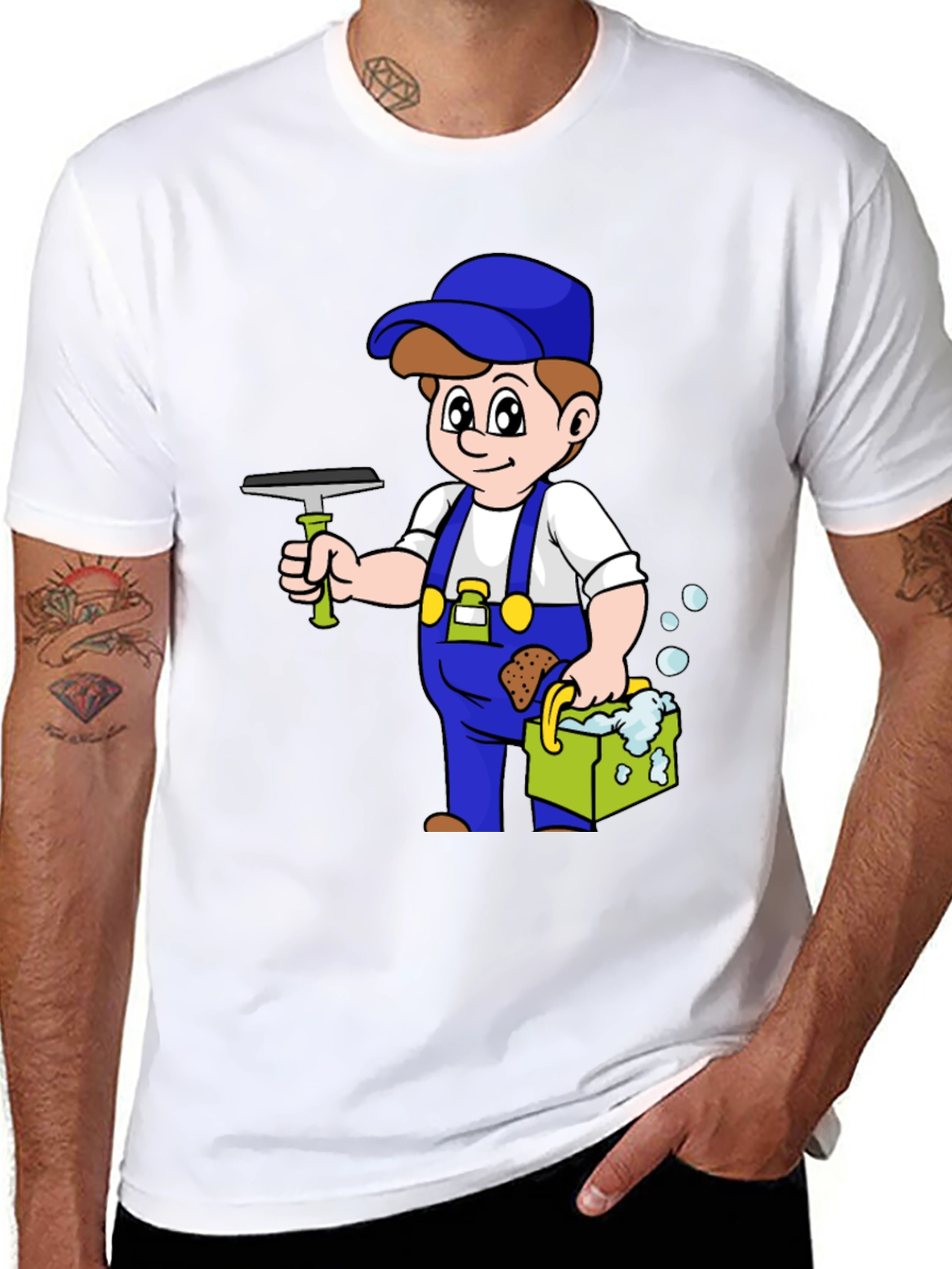 Cartoon Window Washer Graphic Tee - Black T-Shirt