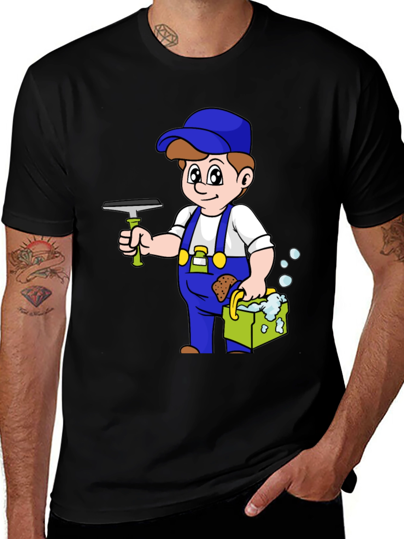 Cartoon Window Washer Graphic Tee - Black T-Shirt