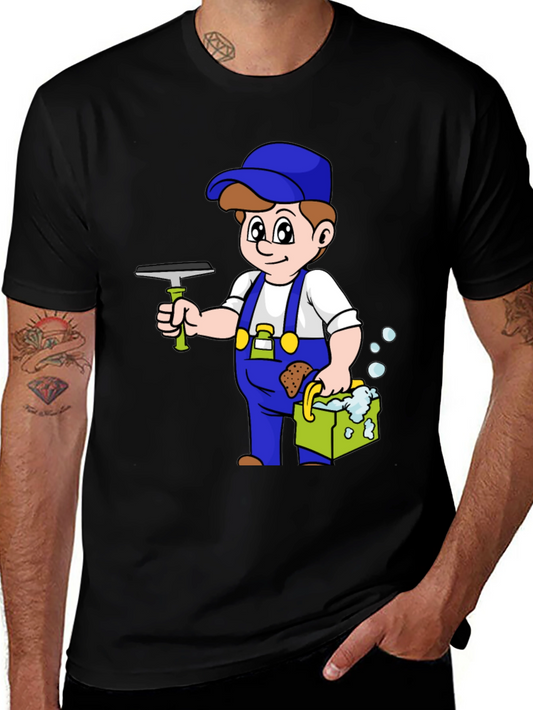 Cartoon Window Washer Graphic Tee - Black T-Shirt