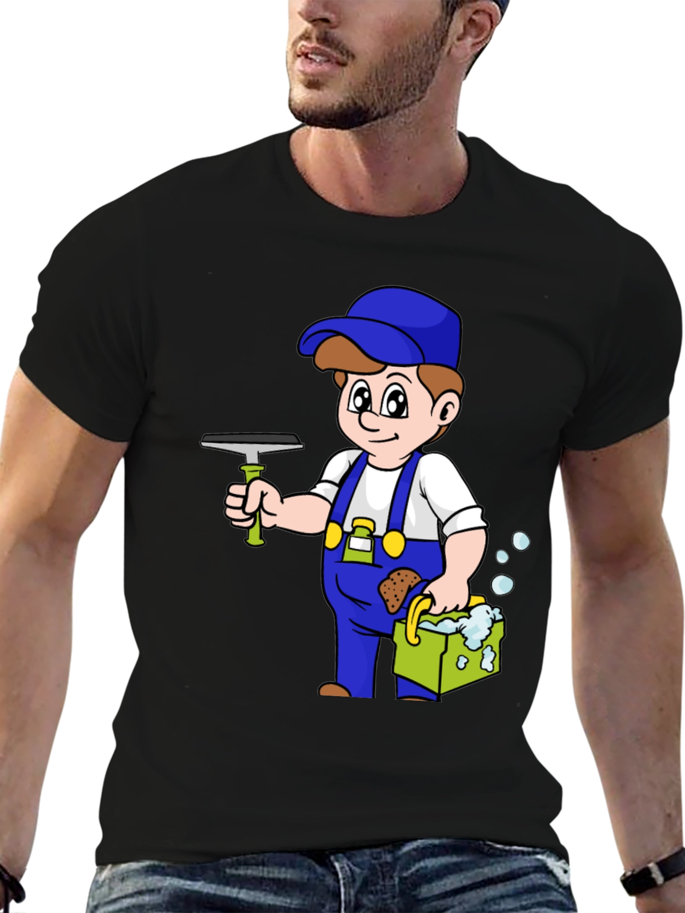 Cartoon Window Washer Graphic Tee - Black T-Shirt