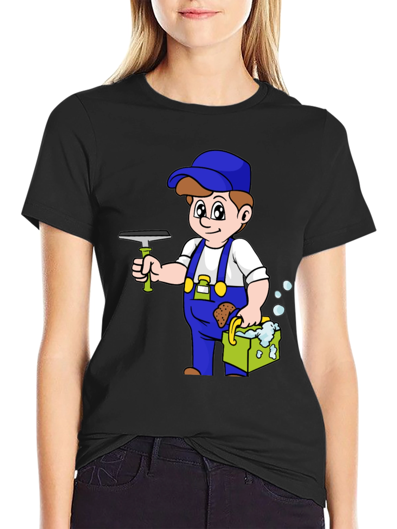 Cartoon Window Washer Graphic Tee - Black T-Shirt