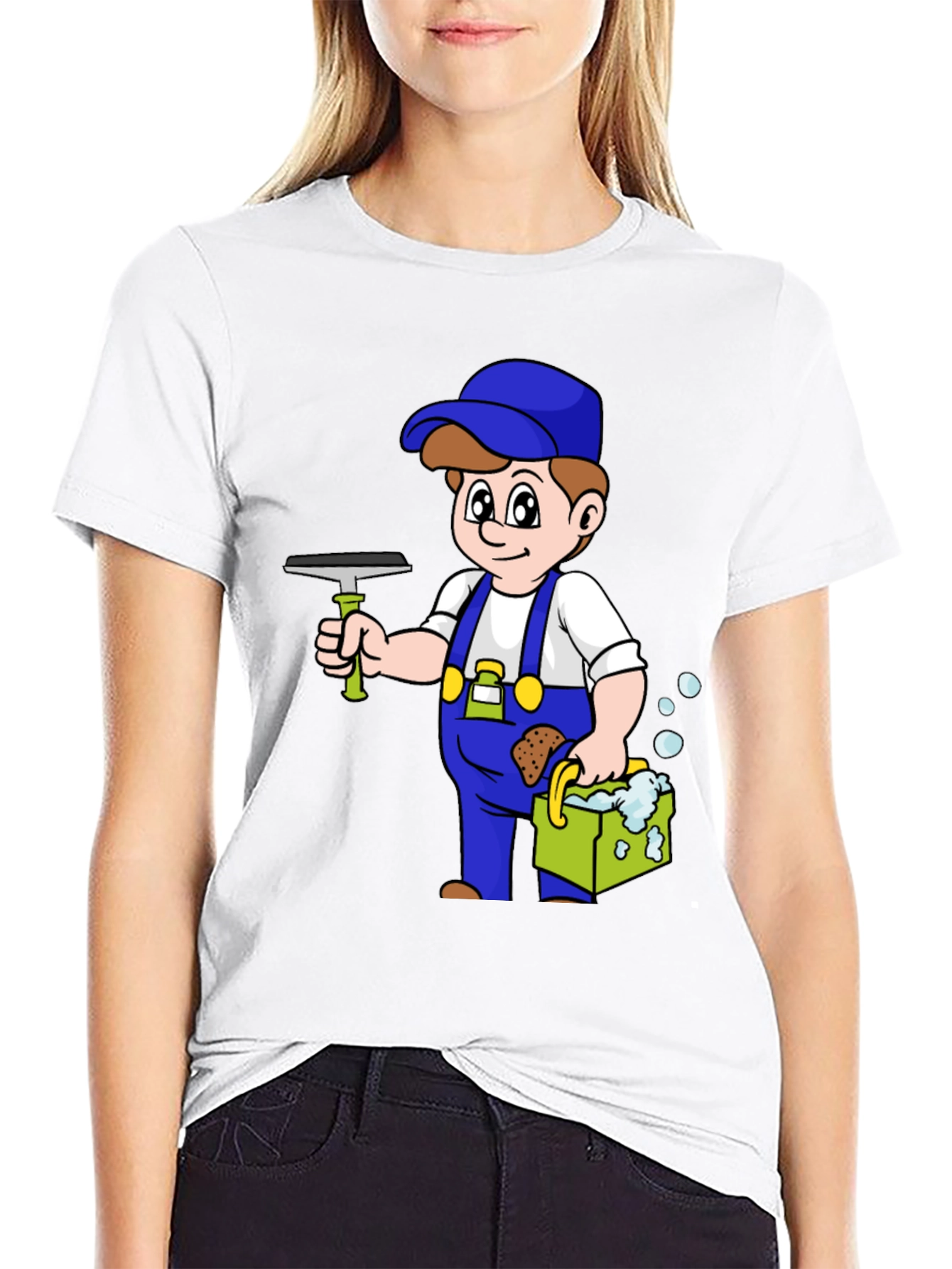 Cartoon Window Washer Graphic Tee - Black T-Shirt