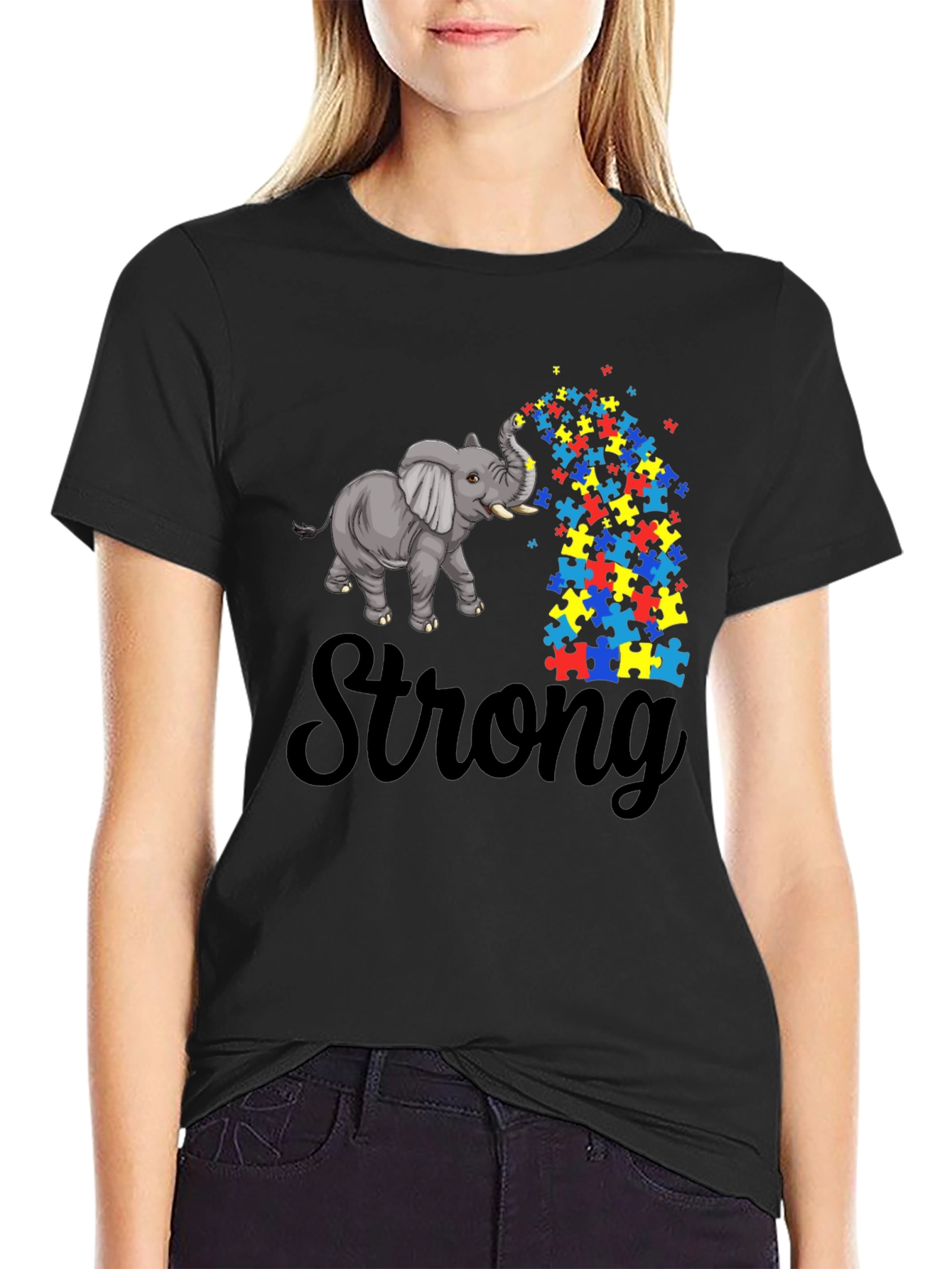 Autism Awareness Elephant Puzzle Piece T-Shirt - Strong