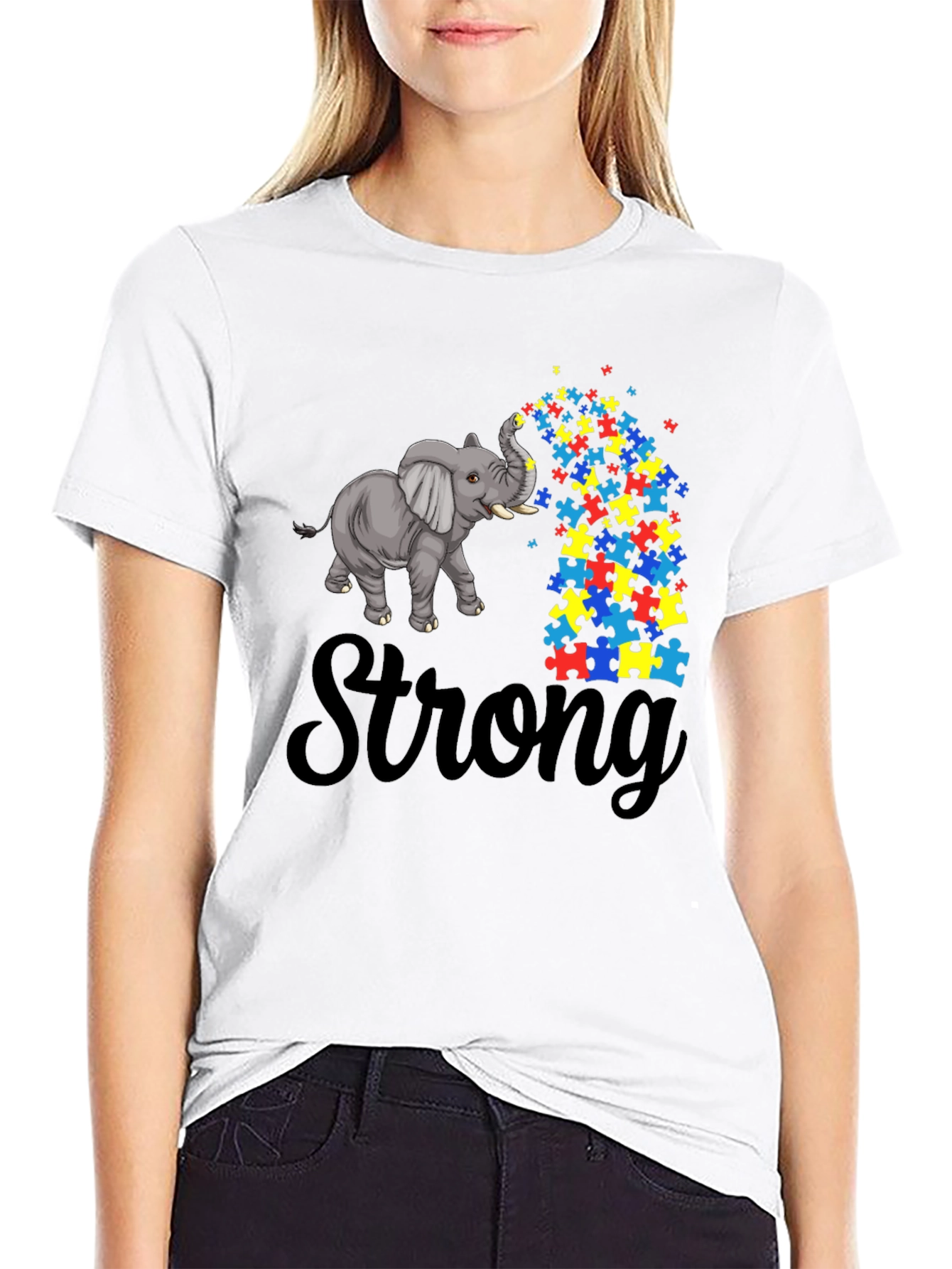 Autism Awareness Elephant Puzzle Piece T-Shirt - Strong