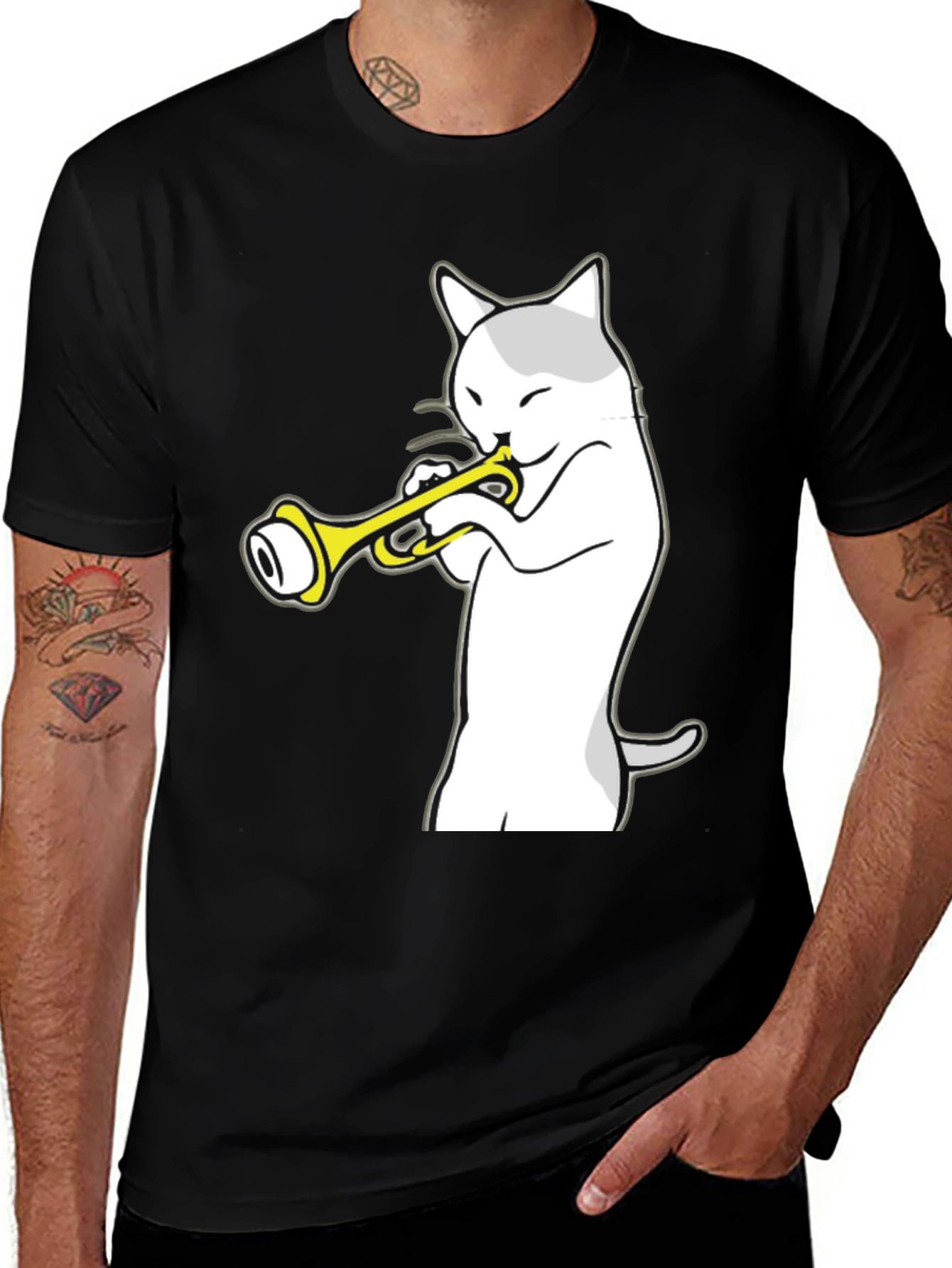 Cat Trumpet Player Black T-Shirt - Music Lover Tee