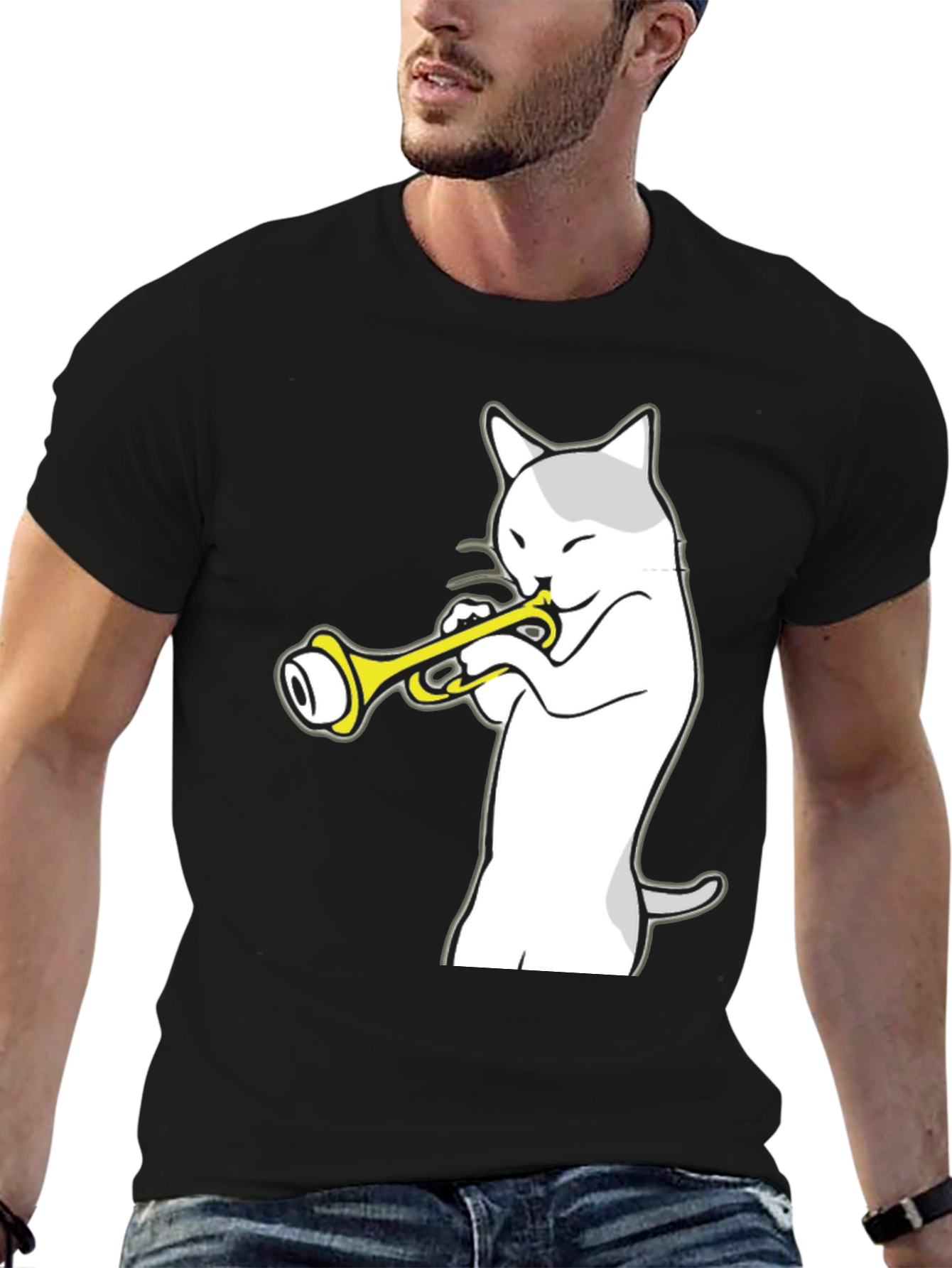 Cat Trumpet Player Black T-Shirt - Music Lover Tee