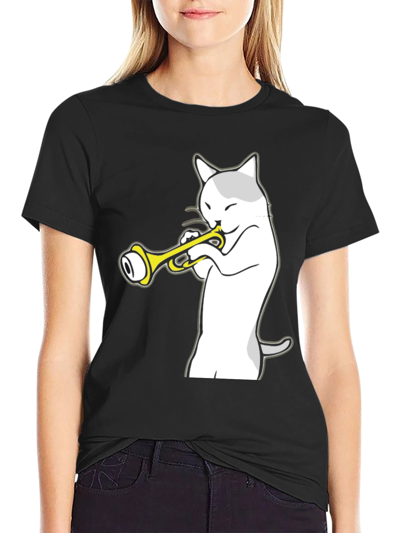 Cat Trumpet Player Black T-Shirt - Music Lover Tee