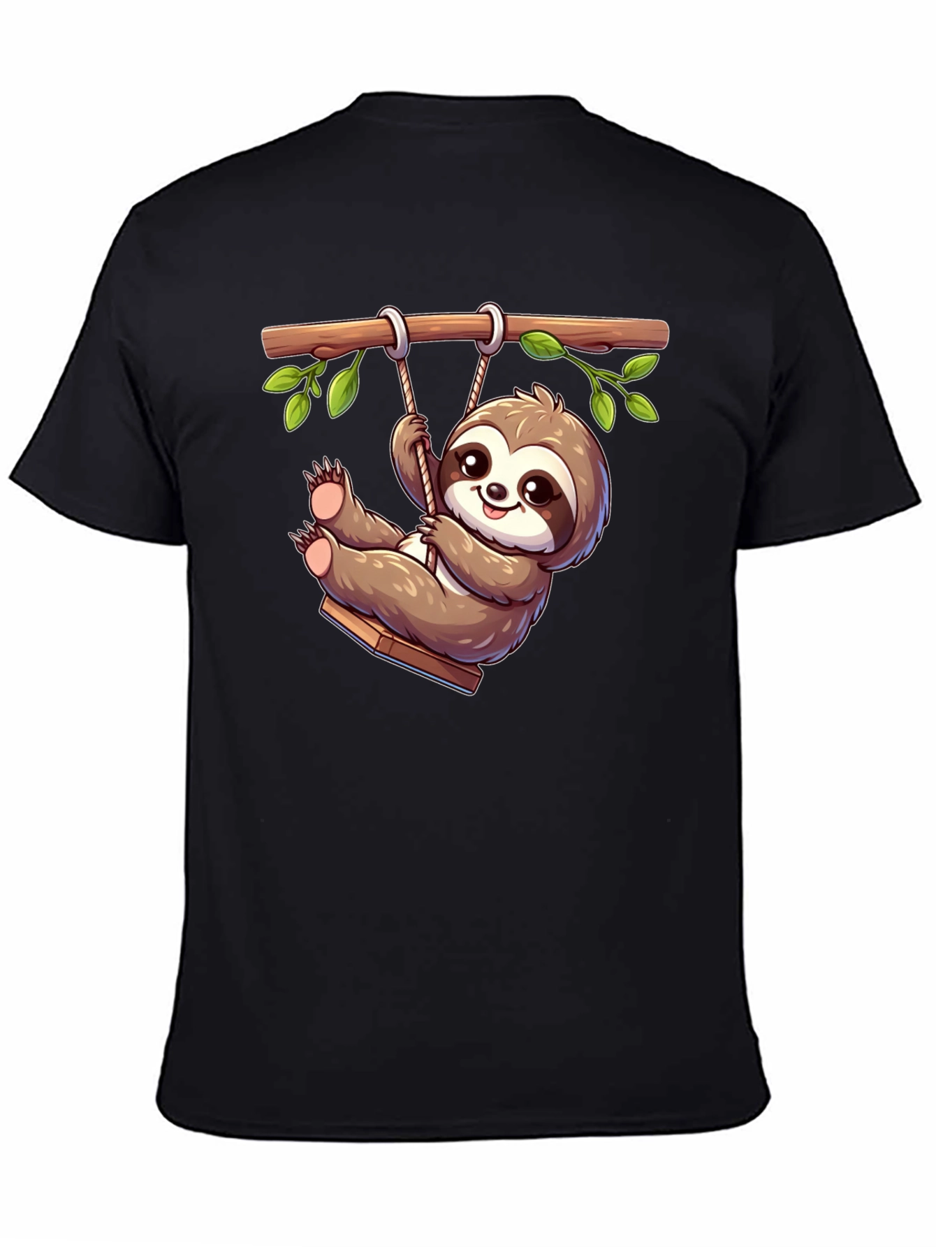 Cute Sloth on Swing Graphic T-Shirt - Black