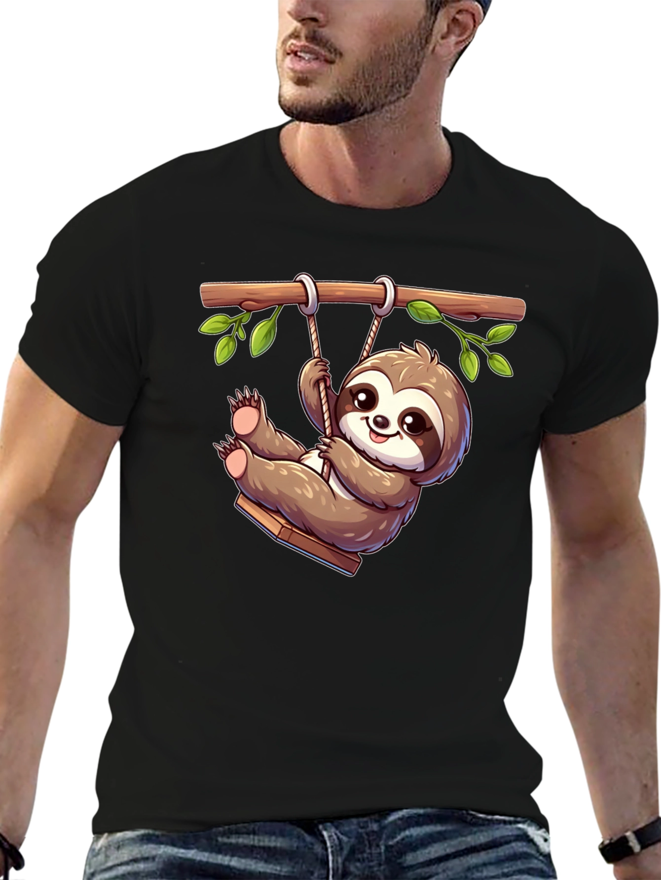 Cute Sloth on Swing Graphic T-Shirt - Black