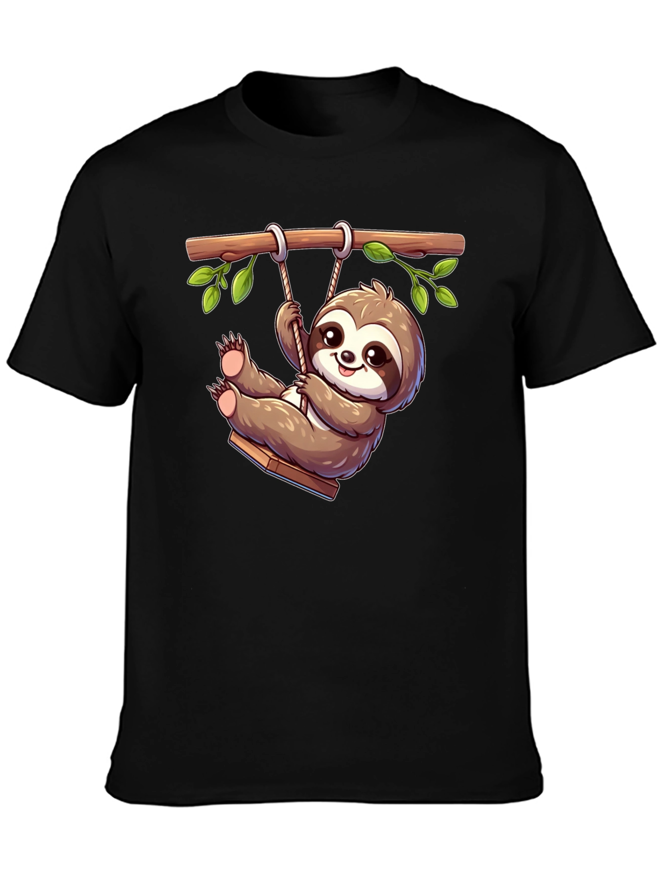 Cute Sloth on Swing Graphic T-Shirt - Black