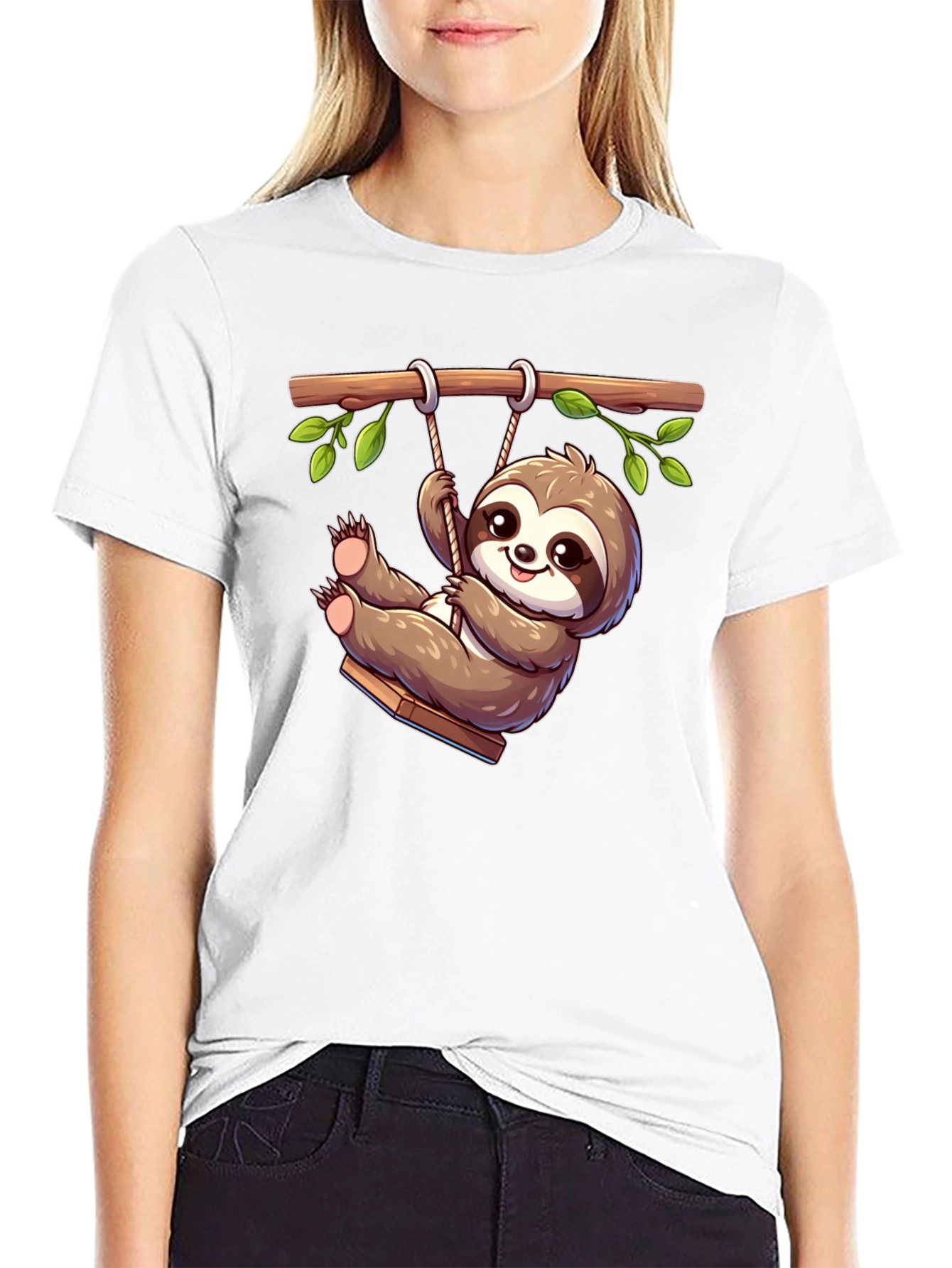 Cute Sloth on Swing Graphic T-Shirt - Black
