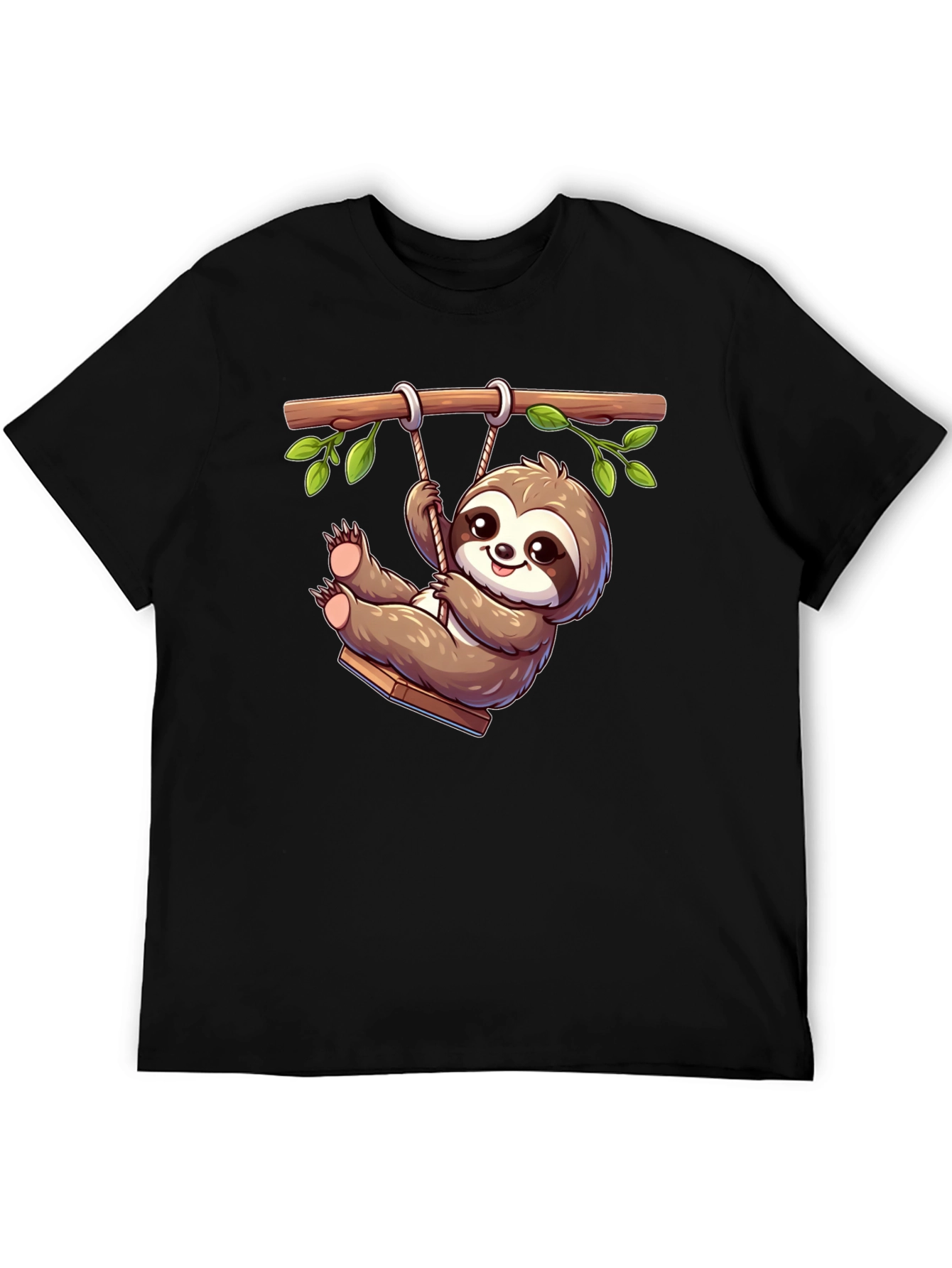 Cute Sloth on Swing Graphic T-Shirt - Black