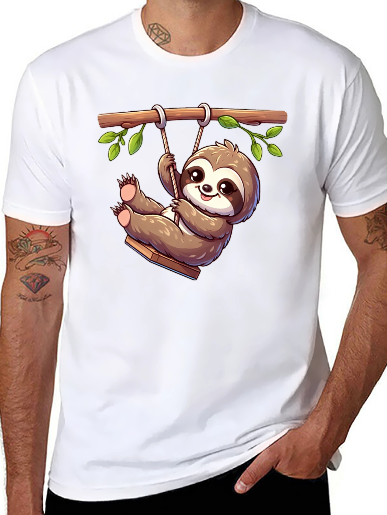 Cute Sloth on Swing Graphic T-Shirt - Black