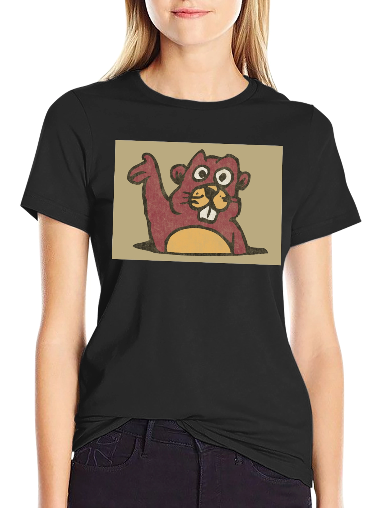 Cute Beaver Graphic Tee - Black
