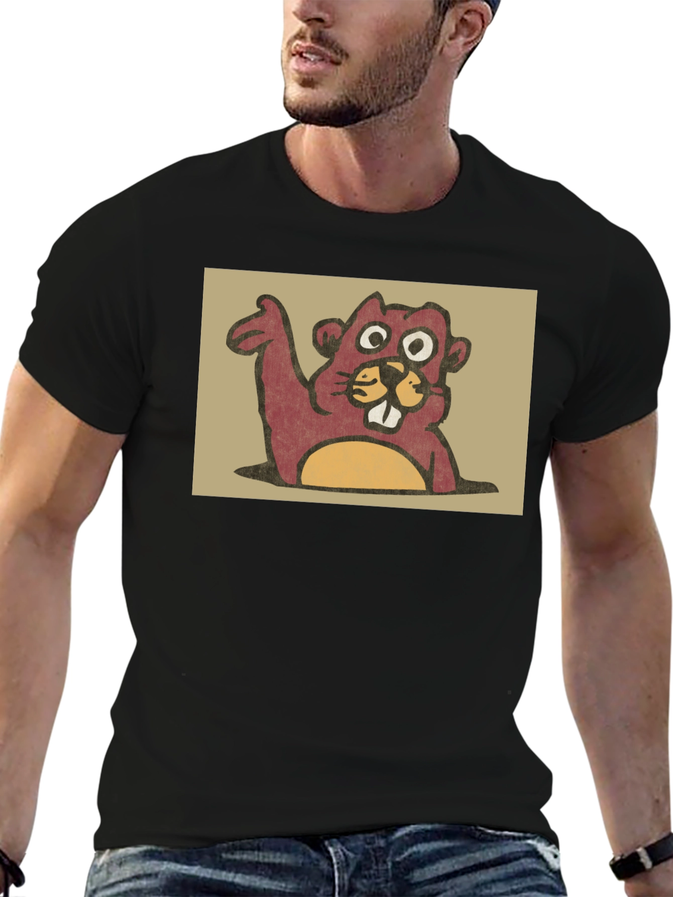Cute Beaver Graphic Tee - Black