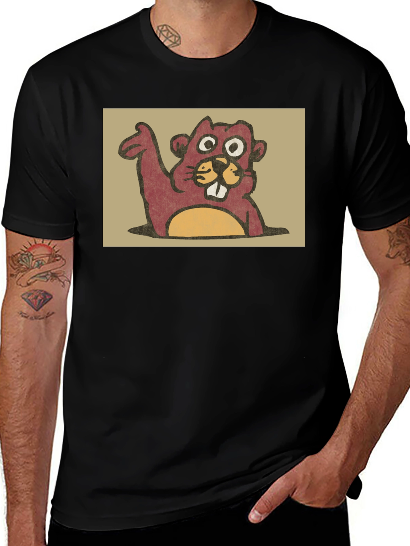 Cute Beaver Graphic Tee - Black