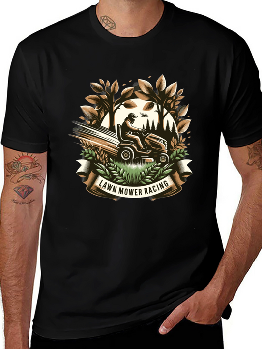 Lawn Mower Racing Graphic Tee - Black Cotton T-Shirt