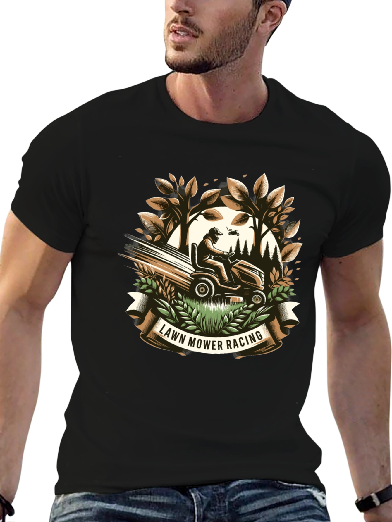 Lawn Mower Racing Graphic Tee - Black Cotton T-Shirt